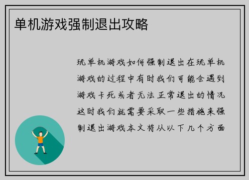 单机游戏强制退出攻略