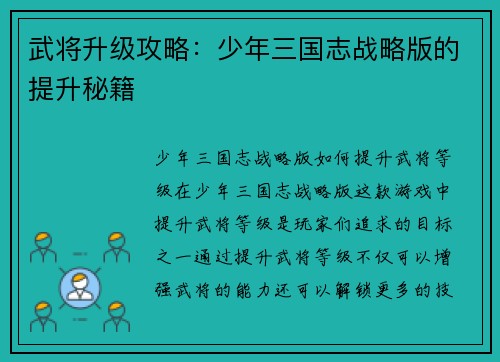 武将升级攻略：少年三国志战略版的提升秘籍